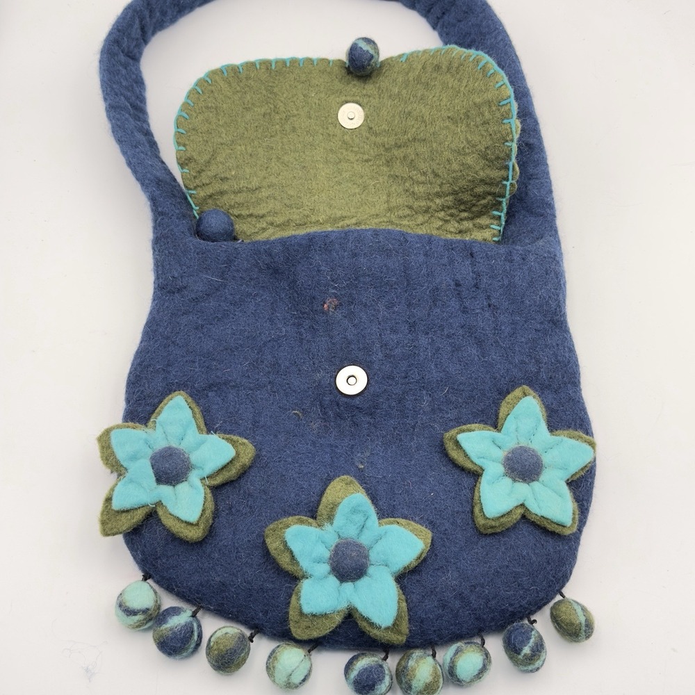 Rising Tide Boho Felted 100% Wool Purse Blue Green Floral Bag Made In Nepal - Picture 5 of 10